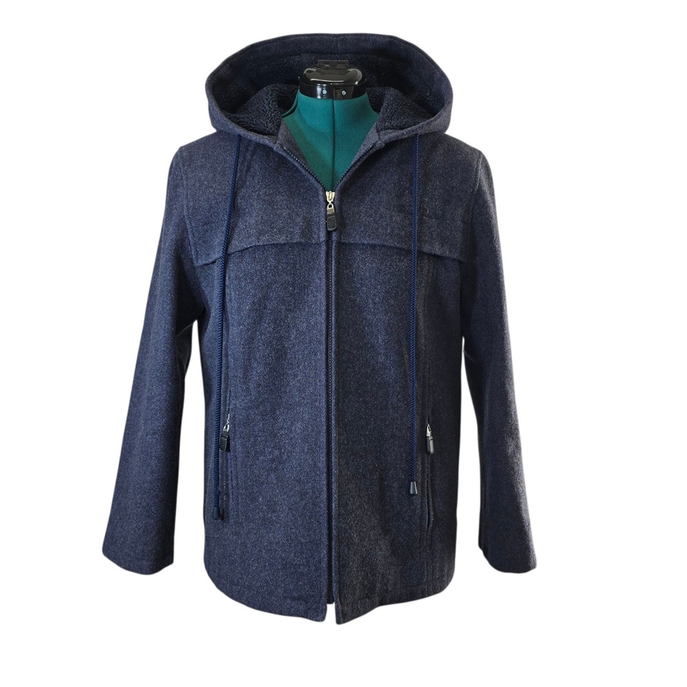 MDP Mario De Pinto Wool Blend‎ Hooded Jacket Womens Zip Front Gray Blue Made USA